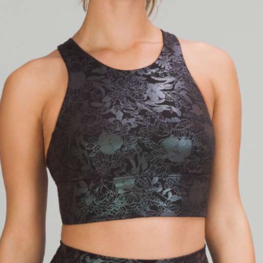 Lululemon Wunder Train Longline Bra Sz 8 in Logo Flourish Black Iridescent Foil